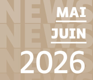 Visuel graphique beige annonçant les actualités de mai et juin 2026 avec le mot « NEWS » en arrière-plan.