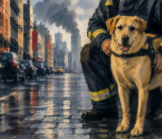 Illustration d’un pompier accompagné d’un chien dans les rues de New York lors des attentats du 11 septembre 2001.